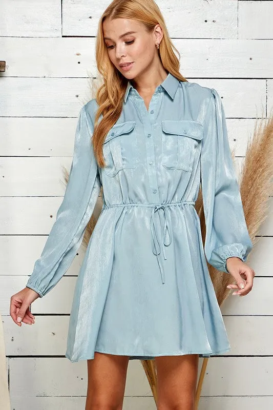 Light Blue Satin Button Down Waist Tie Dress