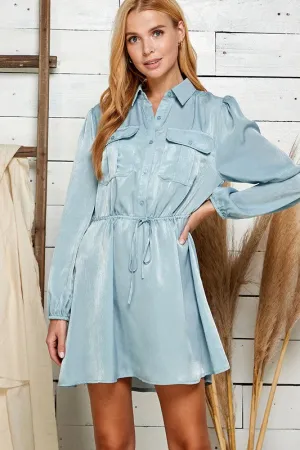 Light Blue Satin Button Down Waist Tie Dress