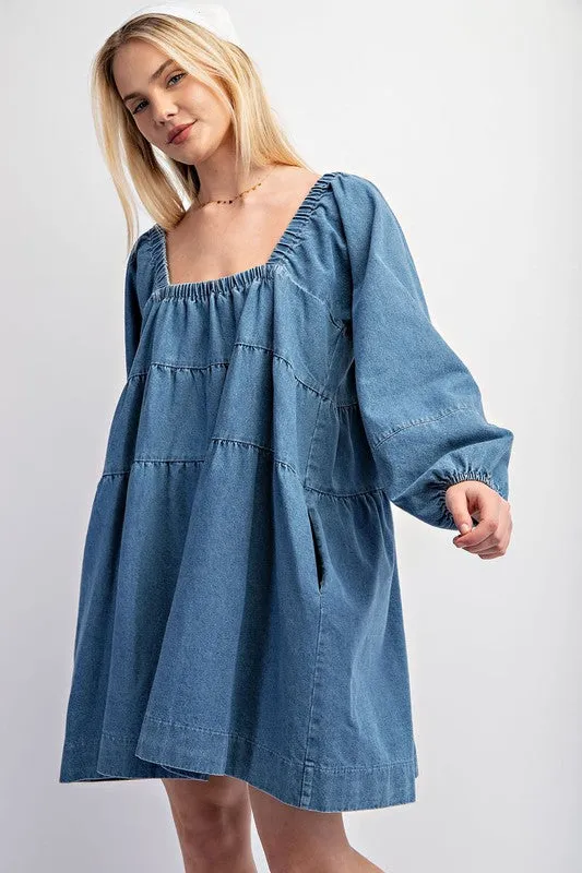 Light Denim Tiered Denim Long Sleeve Dress