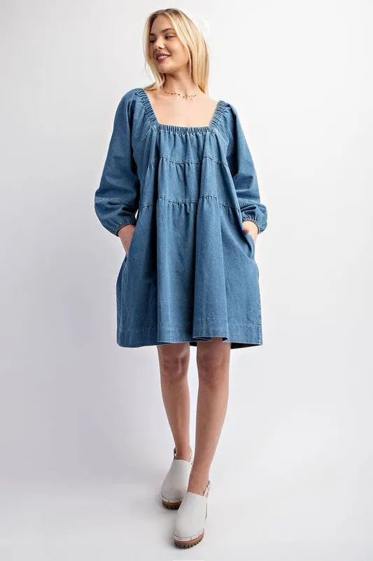 Light Denim Tiered Denim Long Sleeve Dress