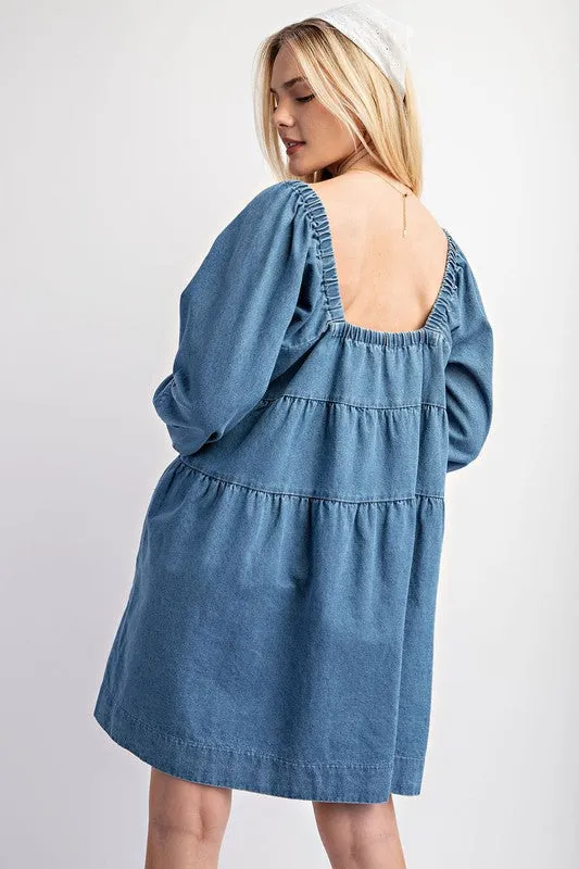 Light Denim Tiered Denim Long Sleeve Dress