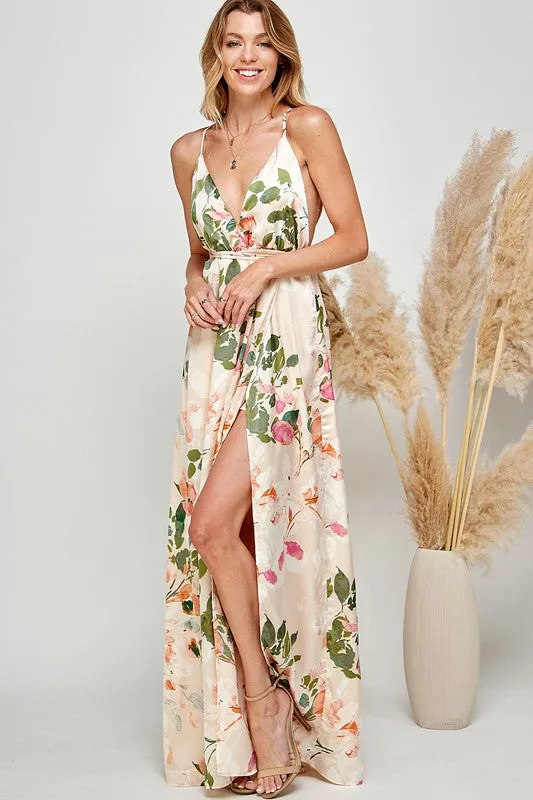 Light Pink Floral Print Halter Cami Maxi Dress