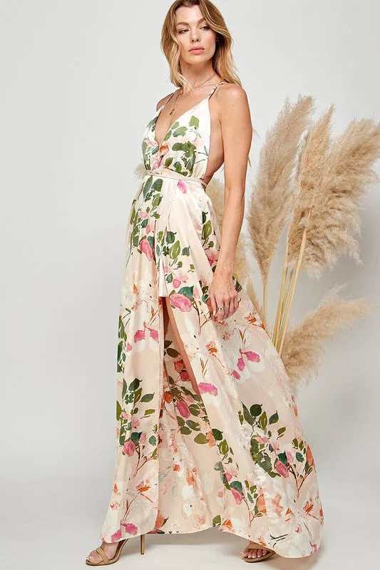 Light Pink Floral Print Halter Cami Maxi Dress