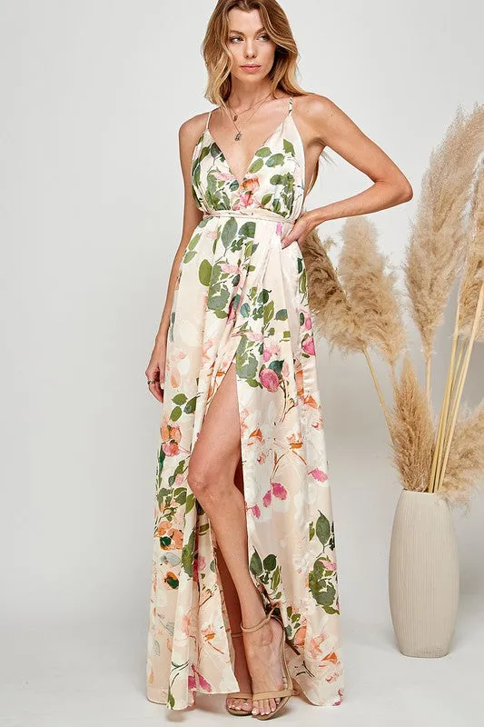 Light Pink Floral Print Halter Cami Maxi Dress