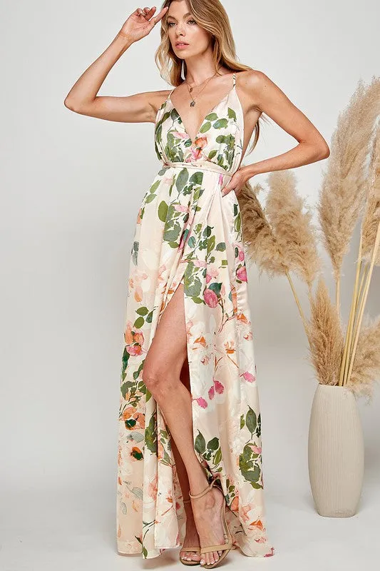 Light Pink Floral Print Halter Cami Maxi Dress