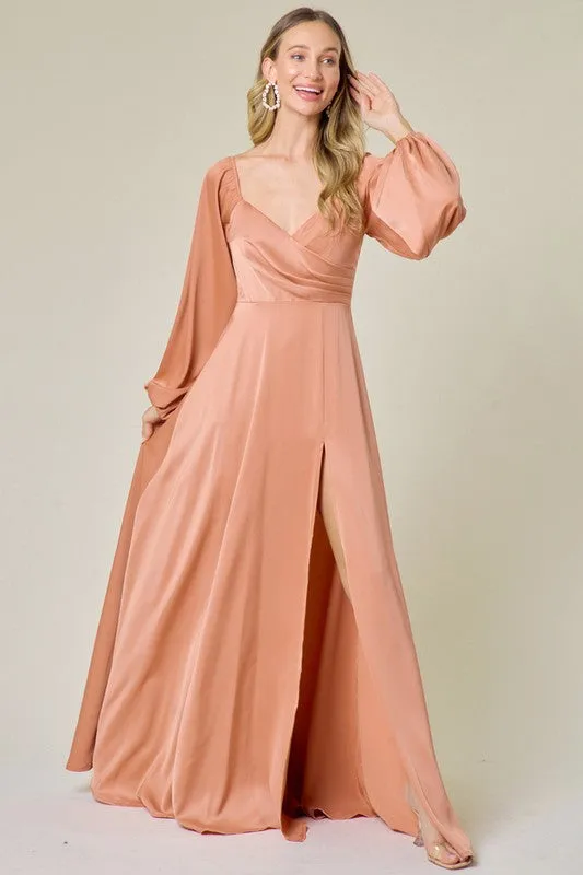 Light Sienna Heart Neck Long Sleeve Satin Slit Maxi Dress