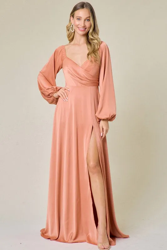 Light Sienna Heart Neck Long Sleeve Satin Slit Maxi Dress