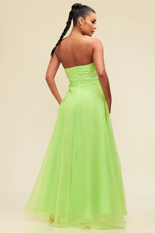 Lime Organzza V Neckline Maxi Dress