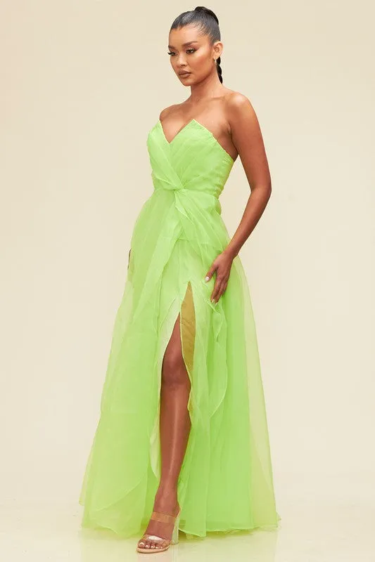 Lime Organzza V Neckline Maxi Dress