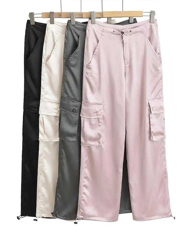 Loose Straight High-Waisted Casual Satin Overalls