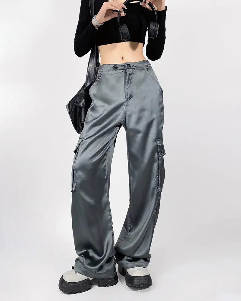 Loose Straight High-Waisted Casual Satin Overalls