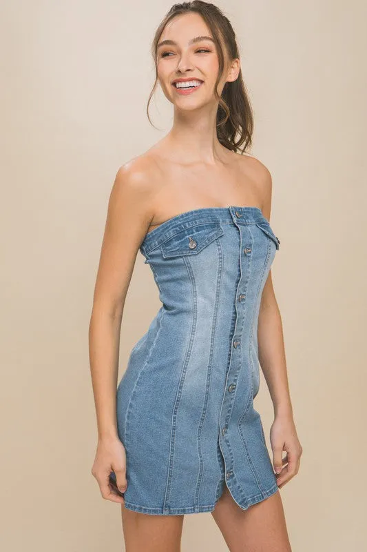 Lt.Blue Denim Tube Sleeveless Button Short Dress