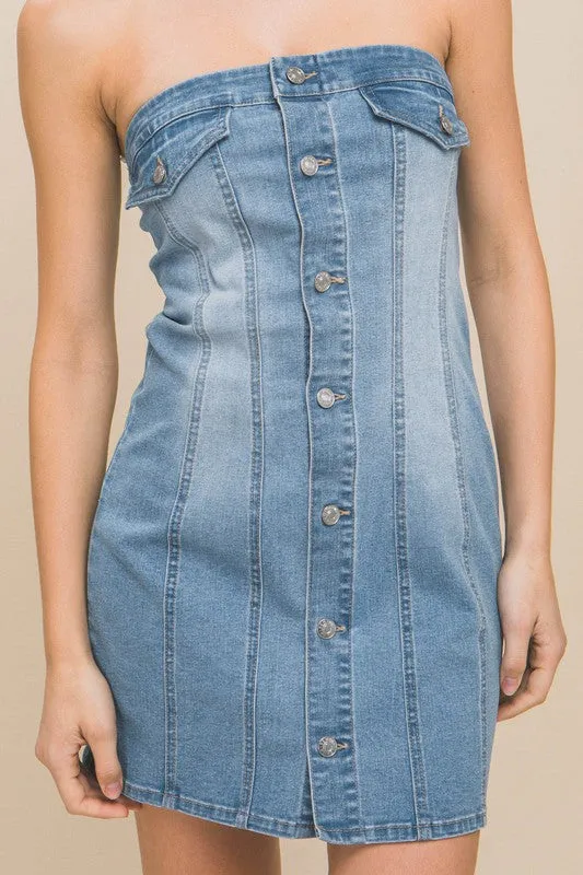 Lt.Blue Denim Tube Sleeveless Button Short Dress