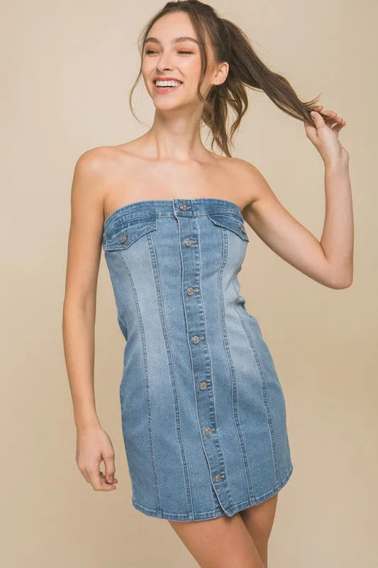 Lt.Blue Denim Tube Sleeveless Button Short Dress