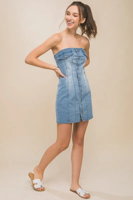 Lt.Blue Denim Tube Sleeveless Button Short Dress