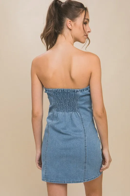 Lt.Blue Denim Tube Sleeveless Button Short Dress