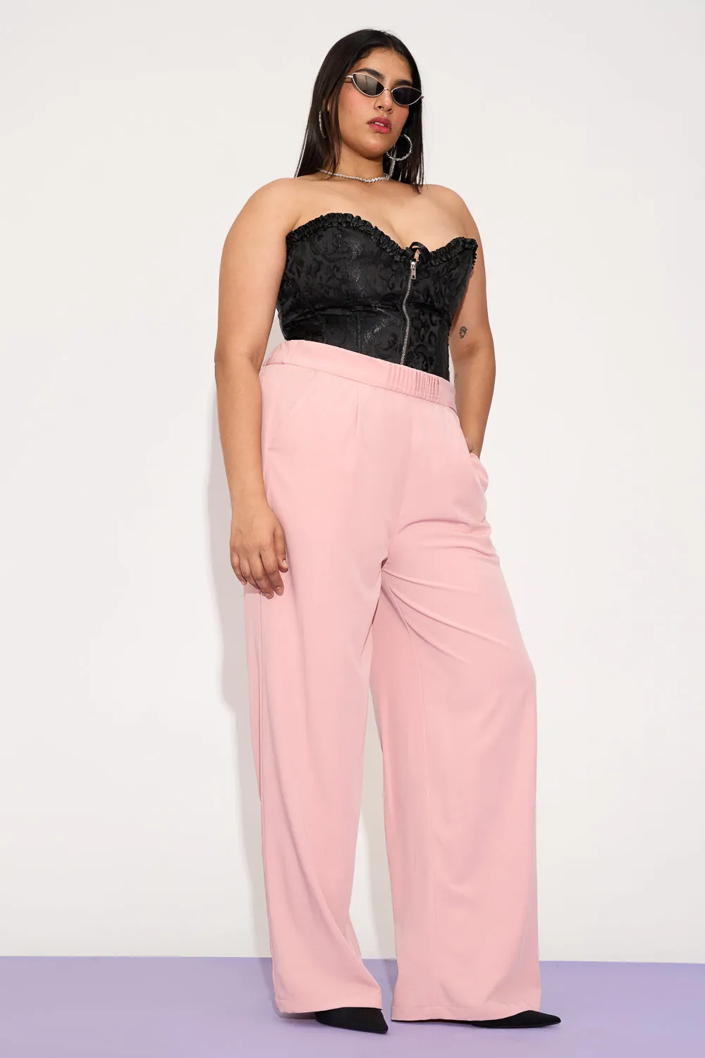 Luminous Pink Pleated Waistband Curve Korean Pants