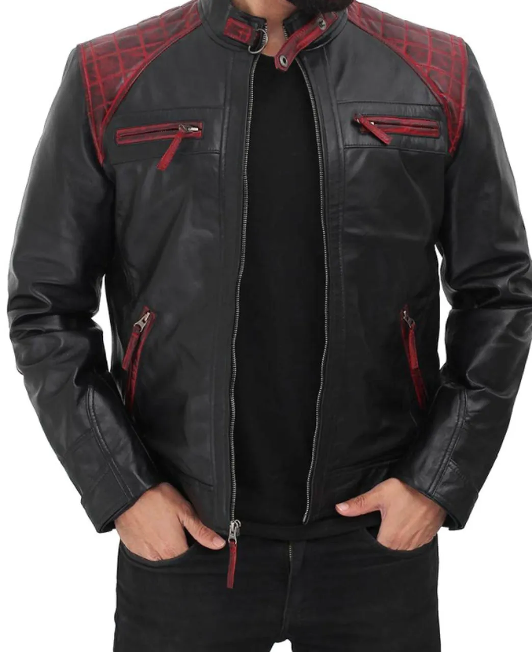 Men's Black Genuine Leather Jacket With Stylish Red Padding