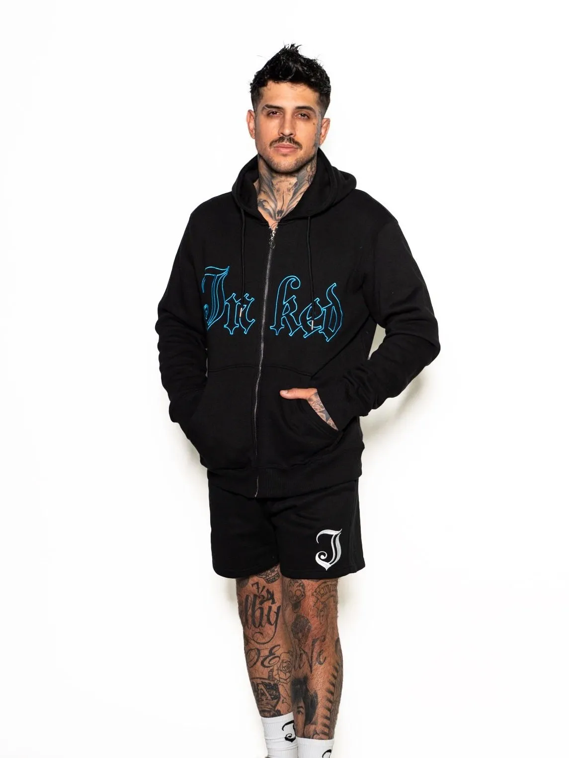 Men's Inked Embroidered Zip Up Hoodie - Black/Blue