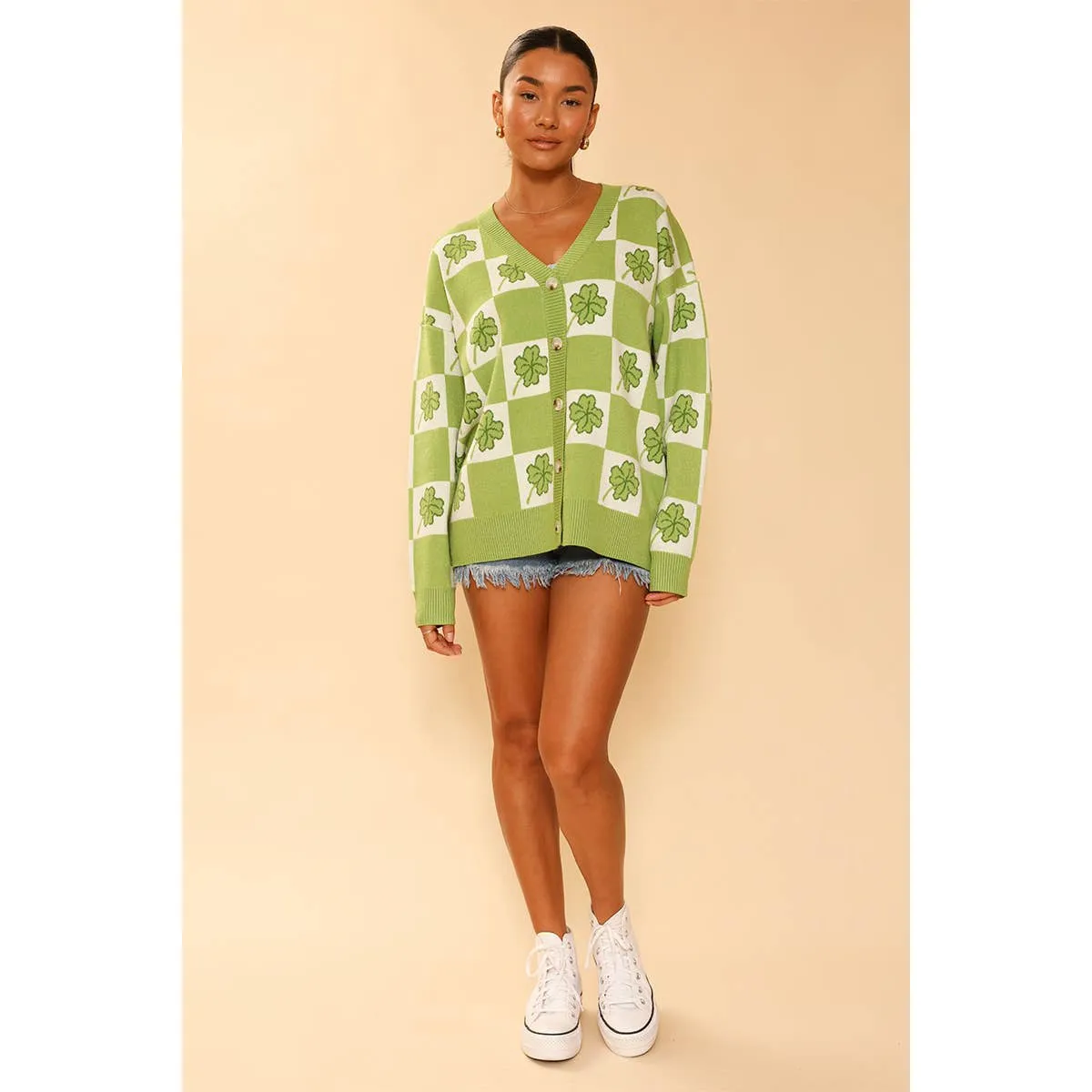 Miss Sparkling Shamrock Checkered Cardigan in Green and White [Available in SM-XL]