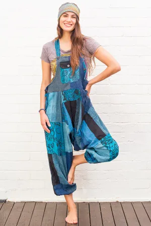 Patchwork Overalls in Blue Tones