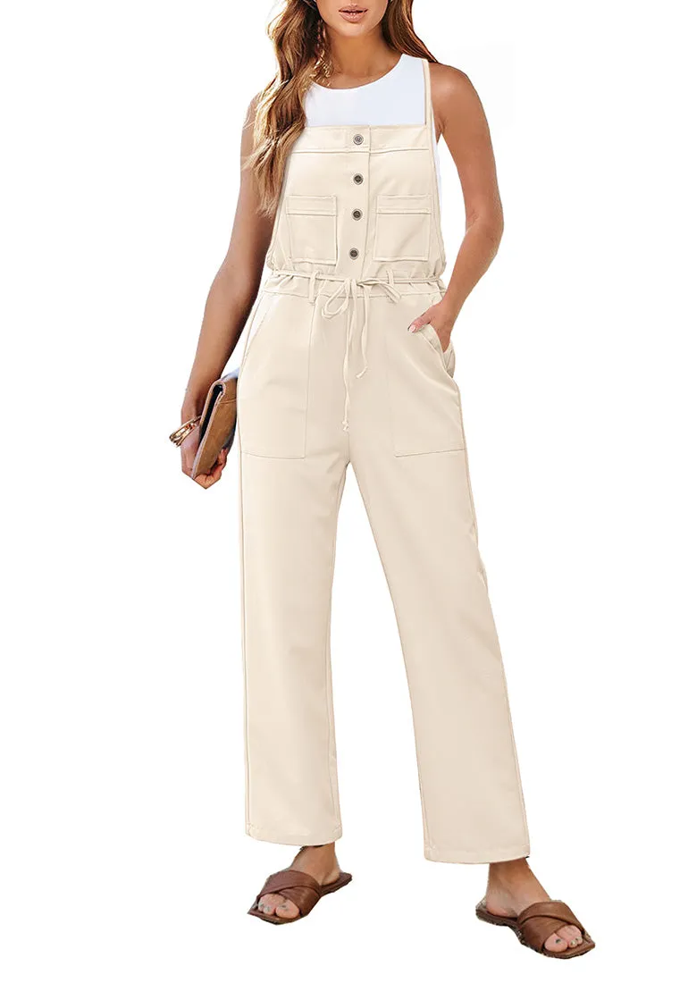 Pearled Ivory Women's Button Down Pocket Straight Leg Vintage Casual Overalls