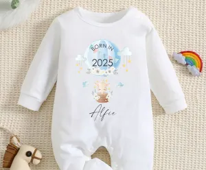 Personalised Born In 2025 Baby Rompersuit or Vest -  Balloon Giraffe