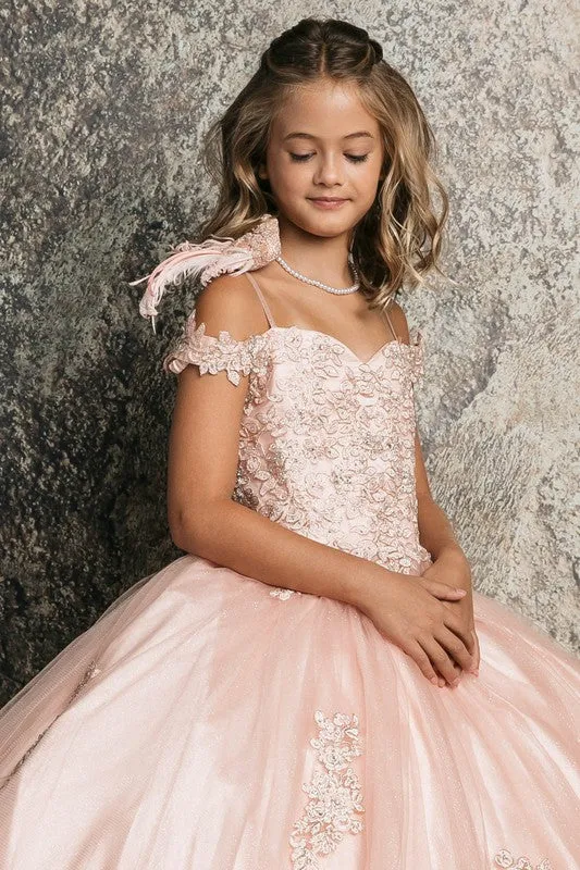 Pink Girls's Off Shoulder Embroider Dress