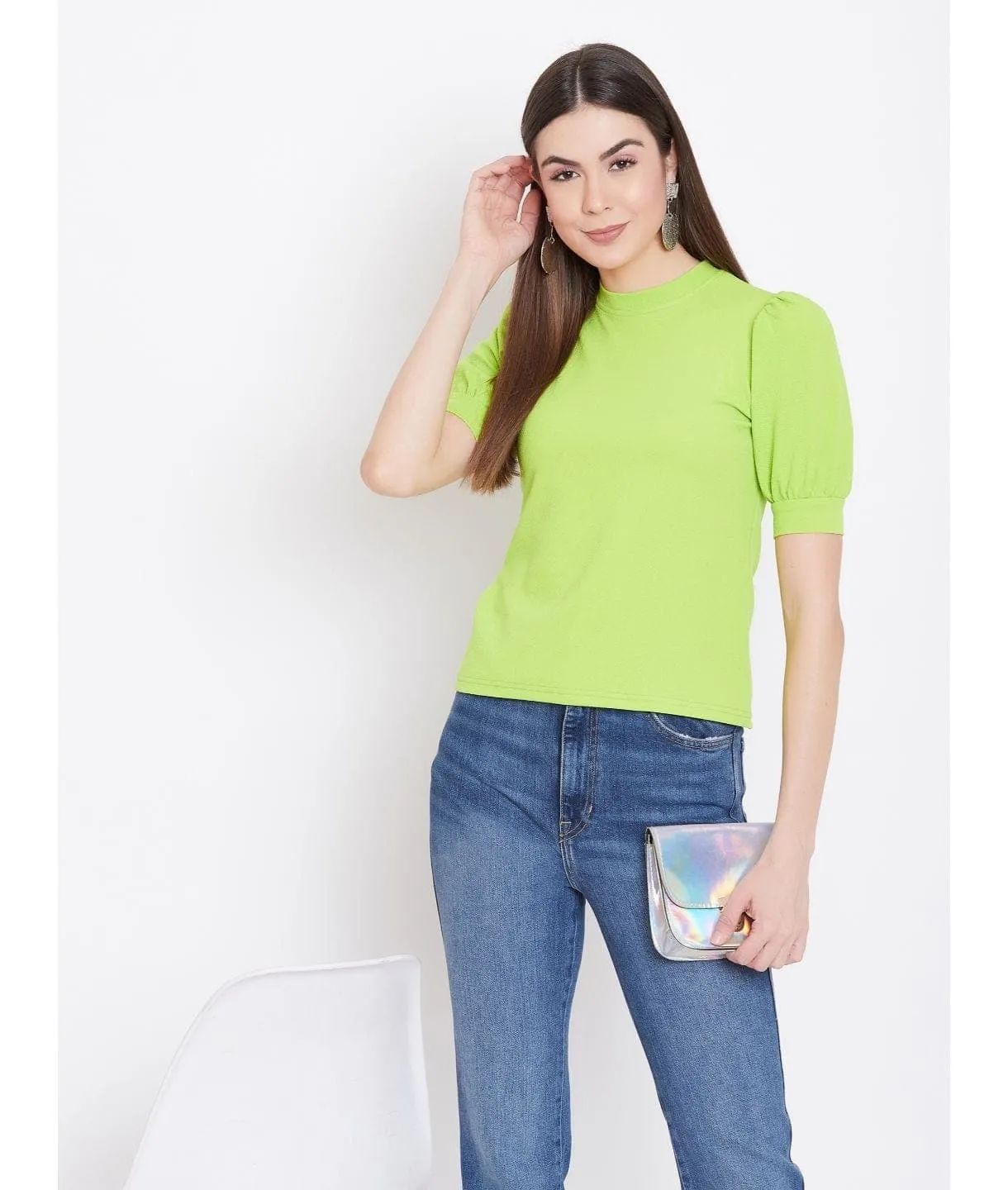 Plus Cotton Solid Stretchable Puff Sleeve Top