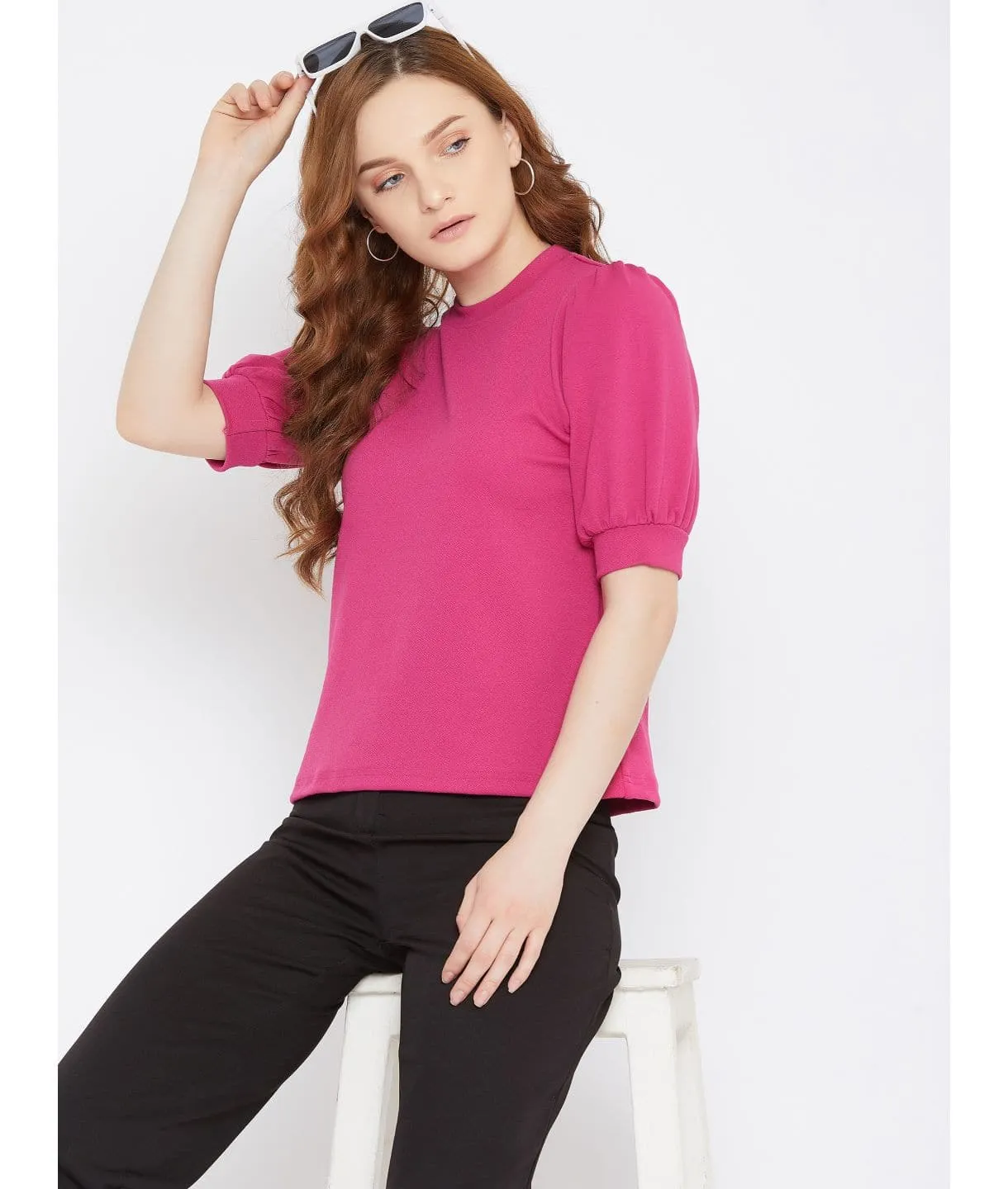 Plus Cotton Solid Stretchable Puff Sleeve Top