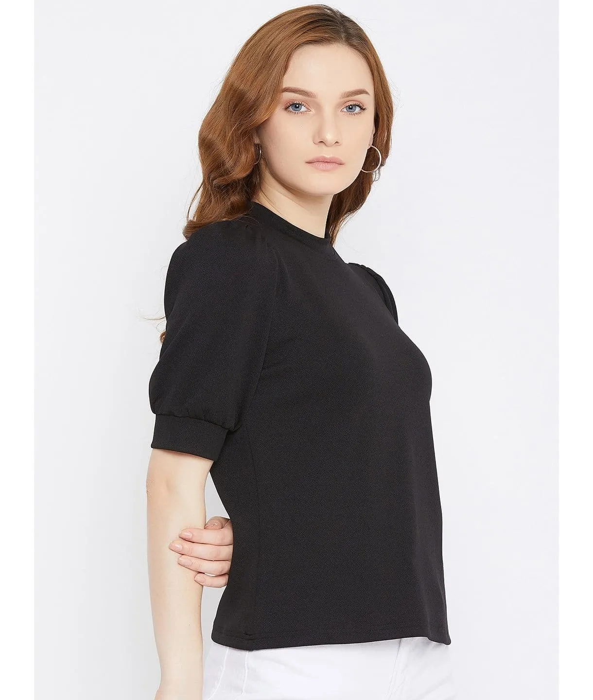 Plus Cotton Solid Stretchable Puff Sleeve Top