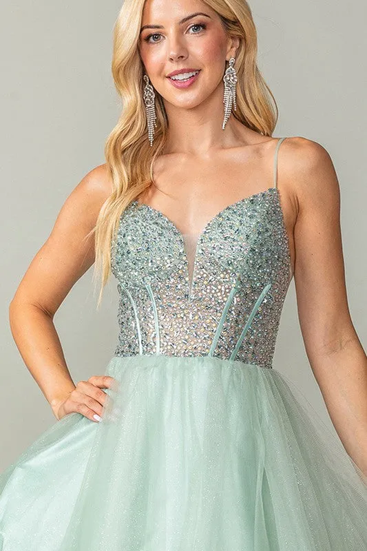 Sage Bustier Illusion Rhinestone Top A Line Short Dress