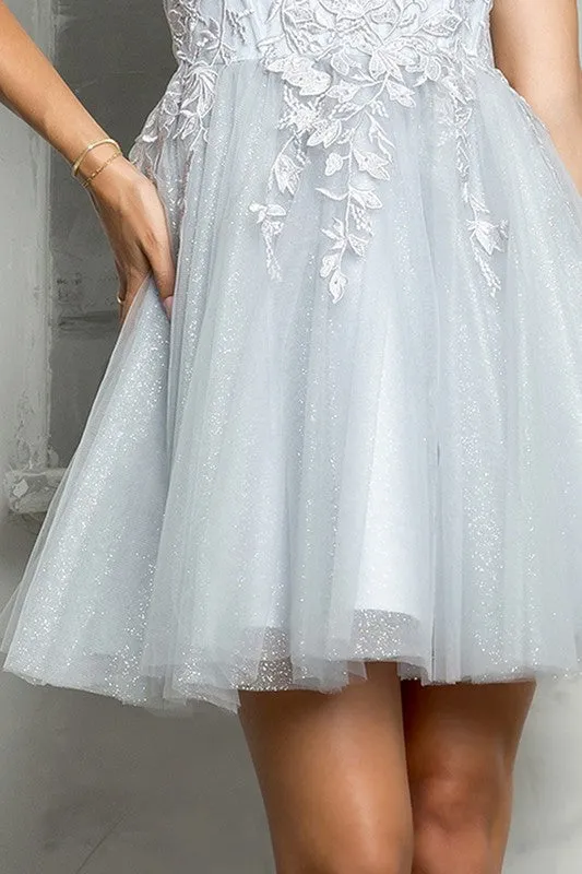 Silver Embroidered Sweetheart Top Cocktail Dress