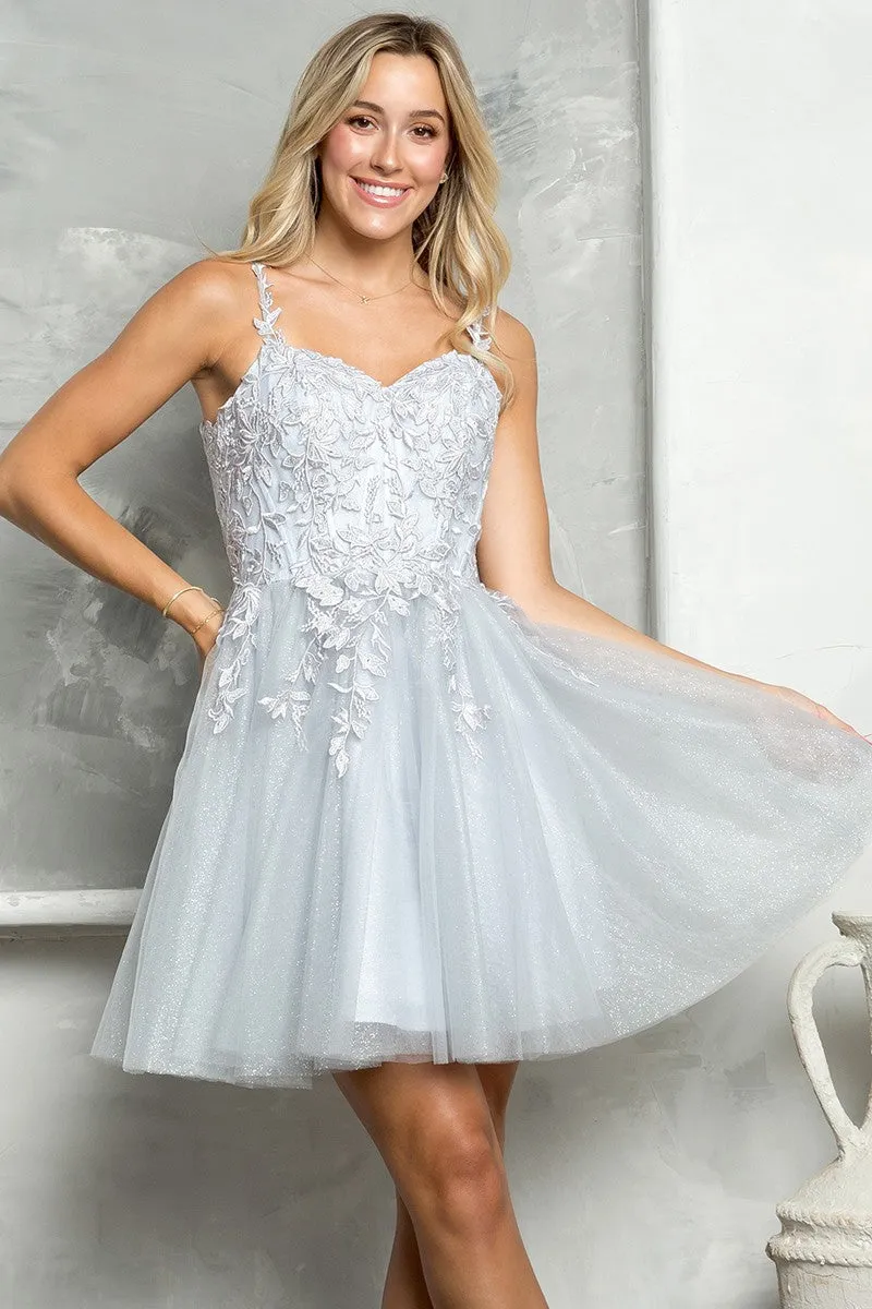 Silver Embroidered Sweetheart Top Cocktail Dress