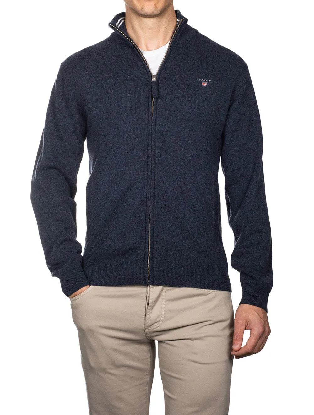 Super Fine Lambswool Zip Cardigan Dark Navy Melange