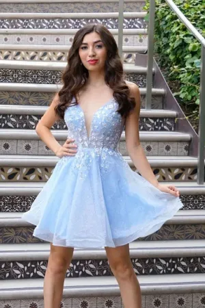 V Neck Light Blue Lace Floral Short Prom Dresses, Light Blue Lace Floral Homecoming Dresses, Light Blue Formal Evening Dresses