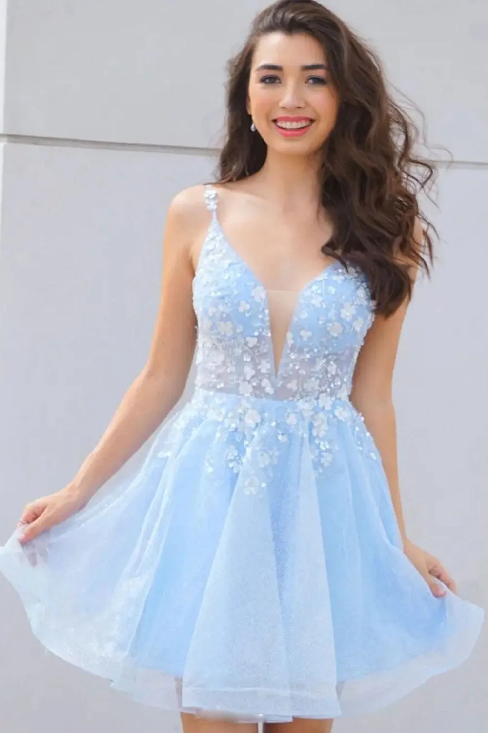 V Neck Light Blue Lace Floral Short Prom Dresses, Light Blue Lace Floral Homecoming Dresses, Light Blue Formal Evening Dresses