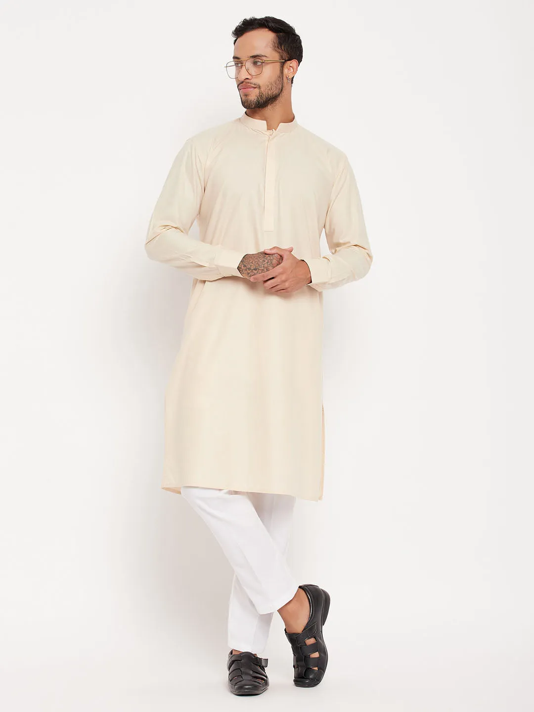 VASTRAMAY Cream Cotton Blend Kurta Set