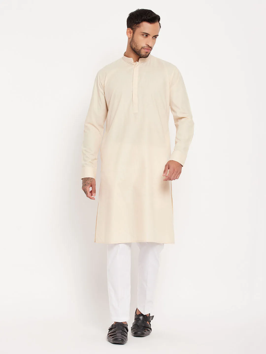 VASTRAMAY Cream Cotton Blend Kurta Set