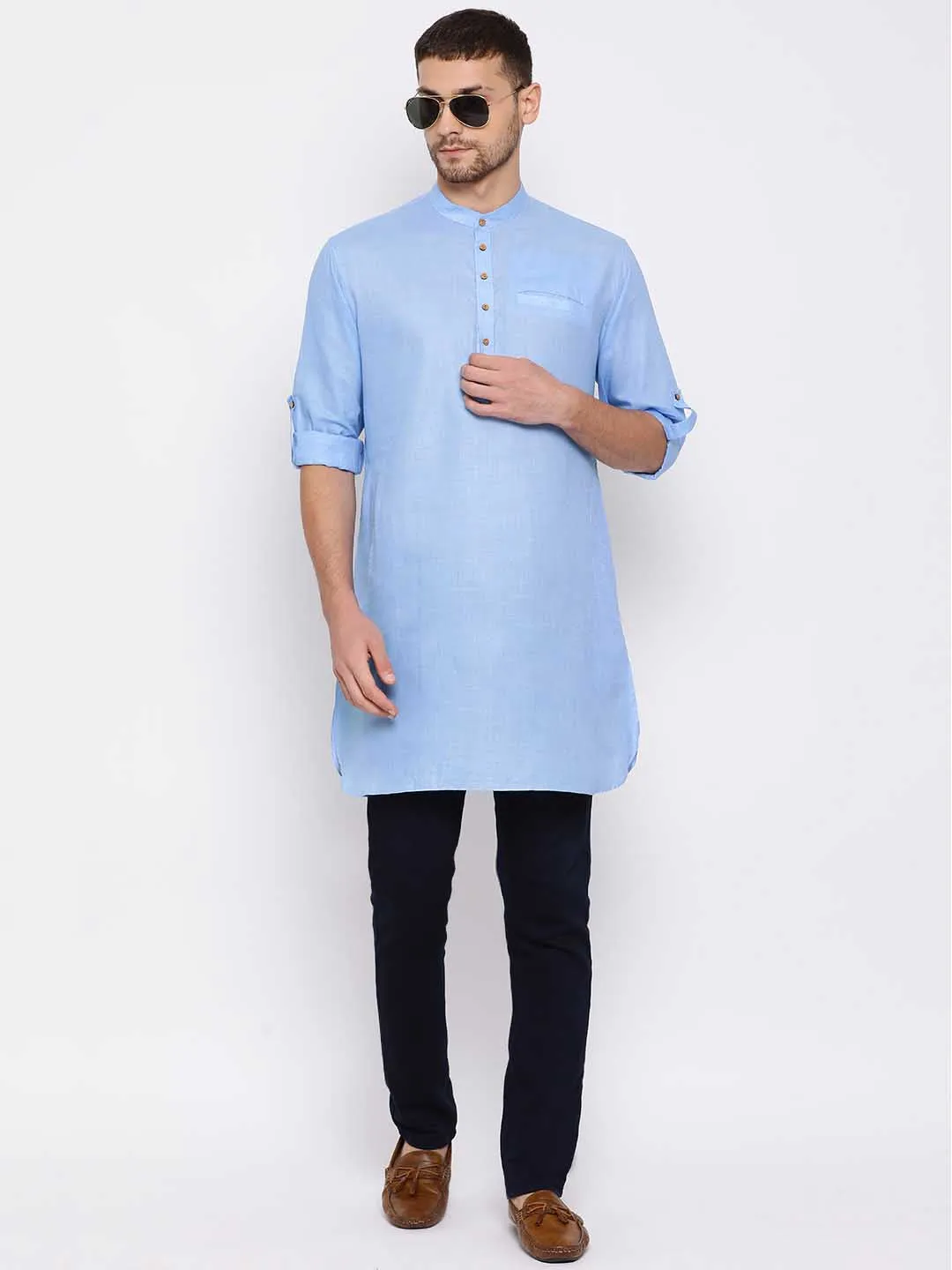 VASTRAMAY Light Blue Cotton Blend Kurta