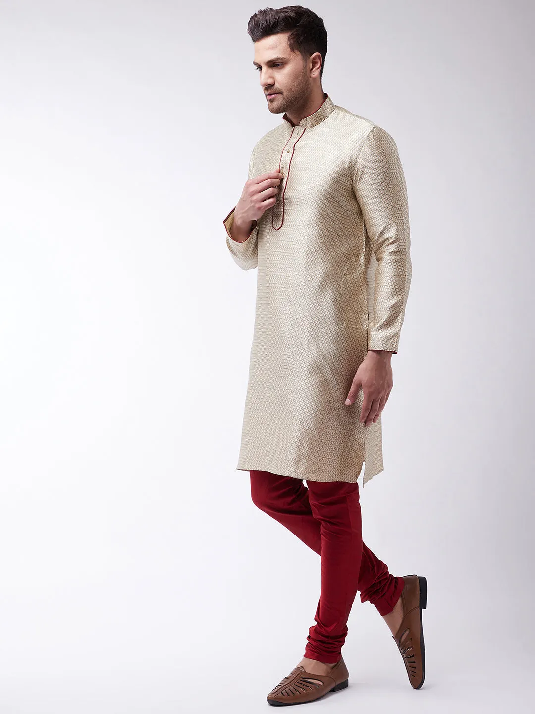 VASTRAMAY Men's Beige & Maroon Silk Kurta Churidar