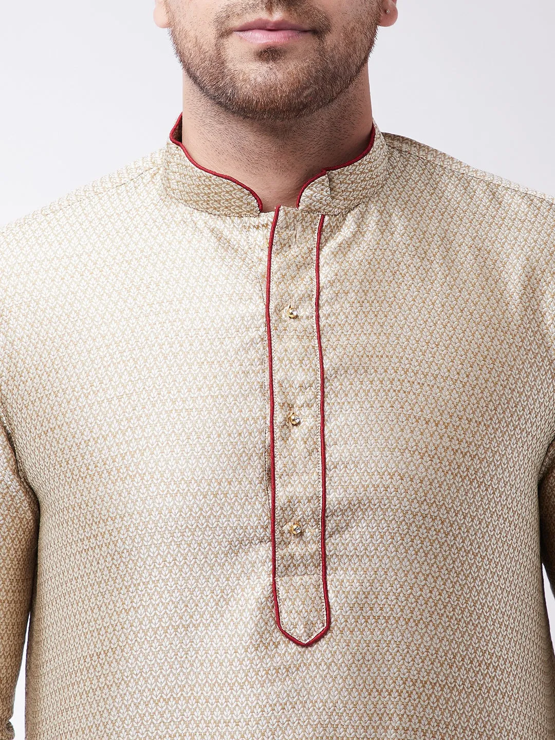 VASTRAMAY Men's Beige & Maroon Silk Kurta Churidar