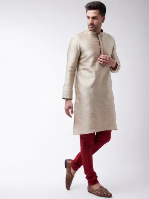 VASTRAMAY Men's Beige & Maroon Silk Kurta Churidar