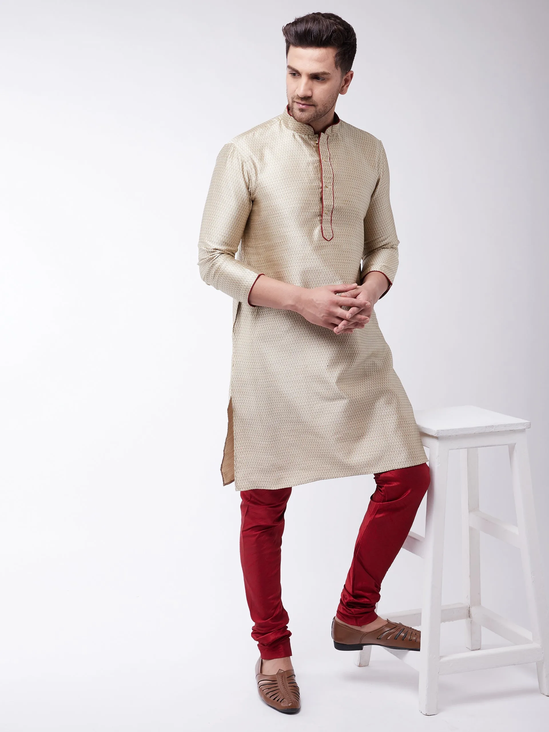 VASTRAMAY Men's Beige & Maroon Silk Kurta Churidar