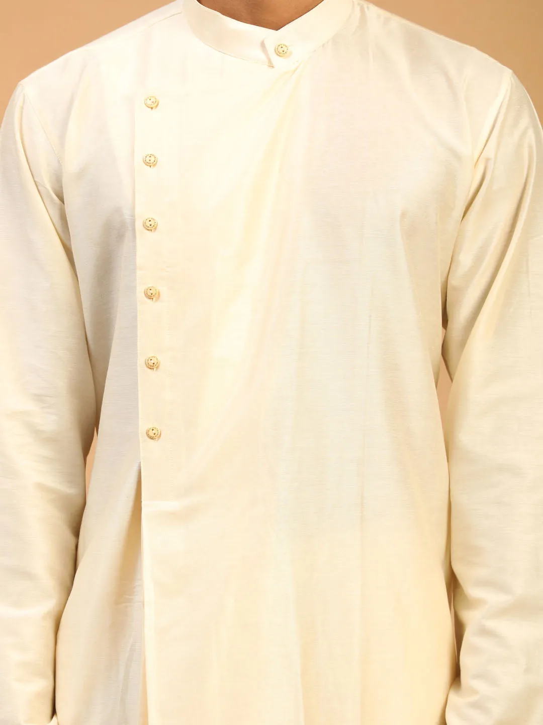 Vastramay Men's Cream Pleated Kurta Set