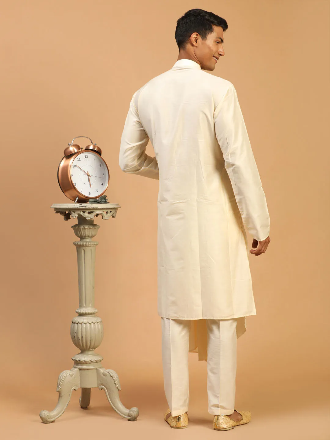 Vastramay Men's Cream Pleated Kurta Set