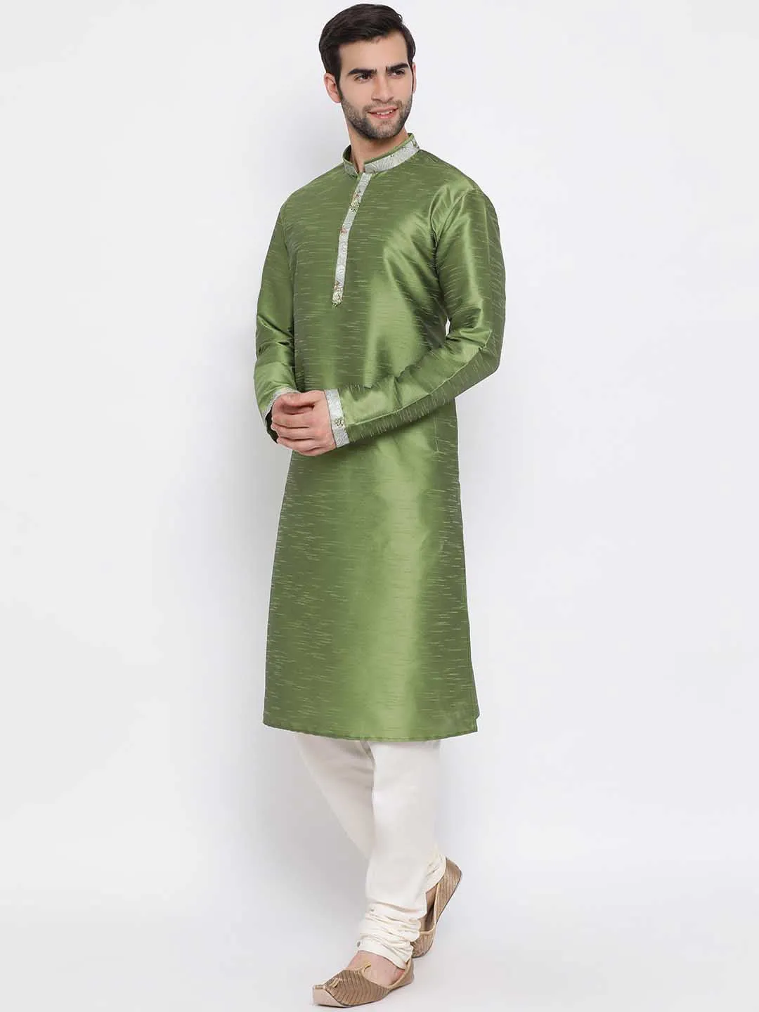 VASTRAMAY Men's Green Silk Kurta Pyjama Set