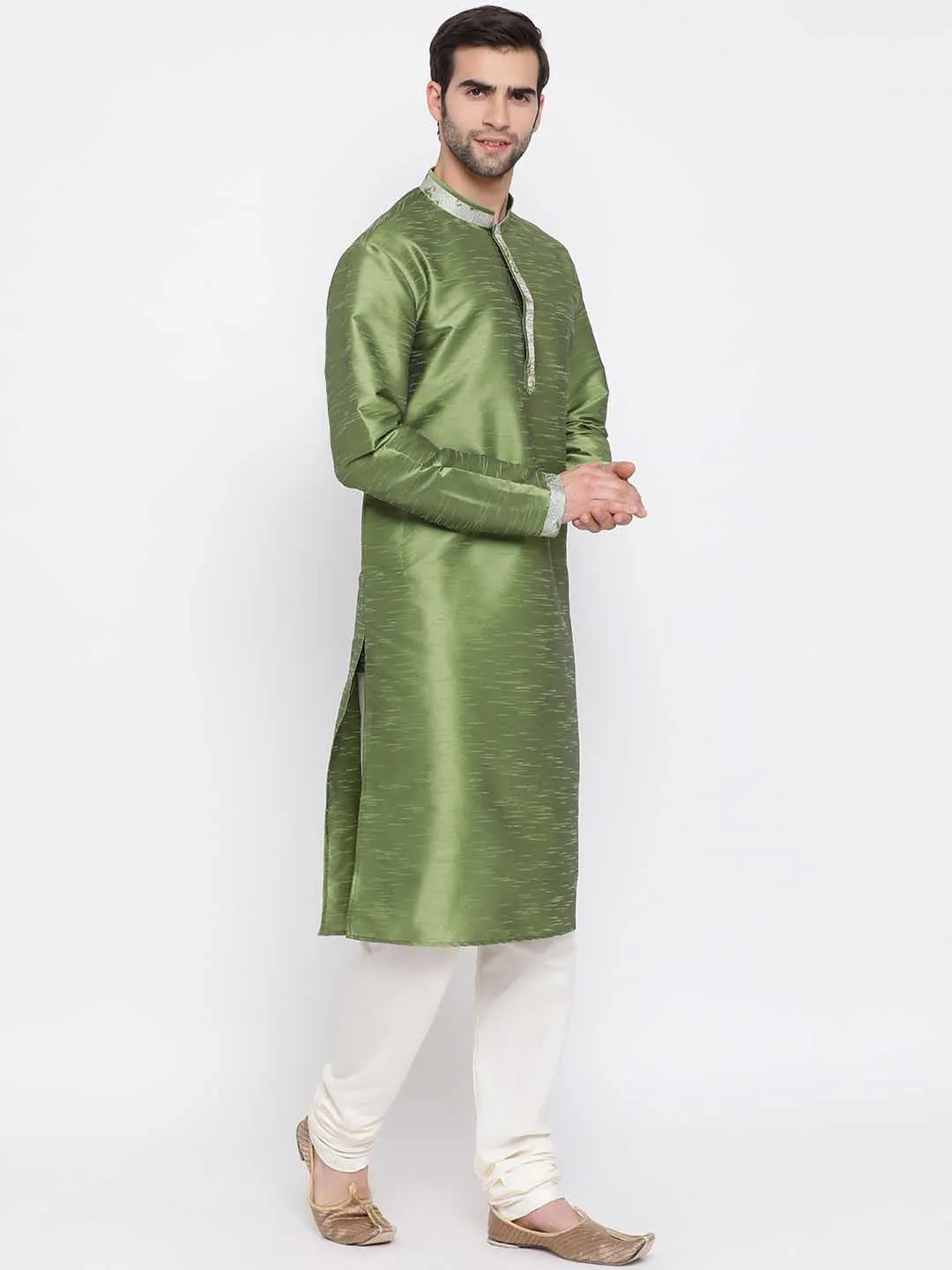 VASTRAMAY Men's Green Silk Kurta Pyjama Set