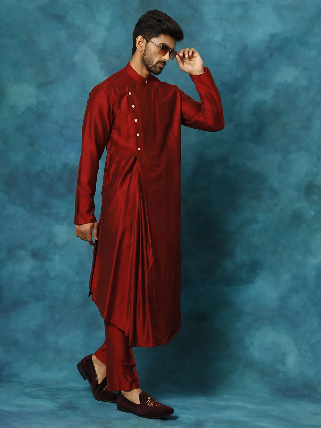 Vastramay Men's Maroon Kurta Pyjama Set