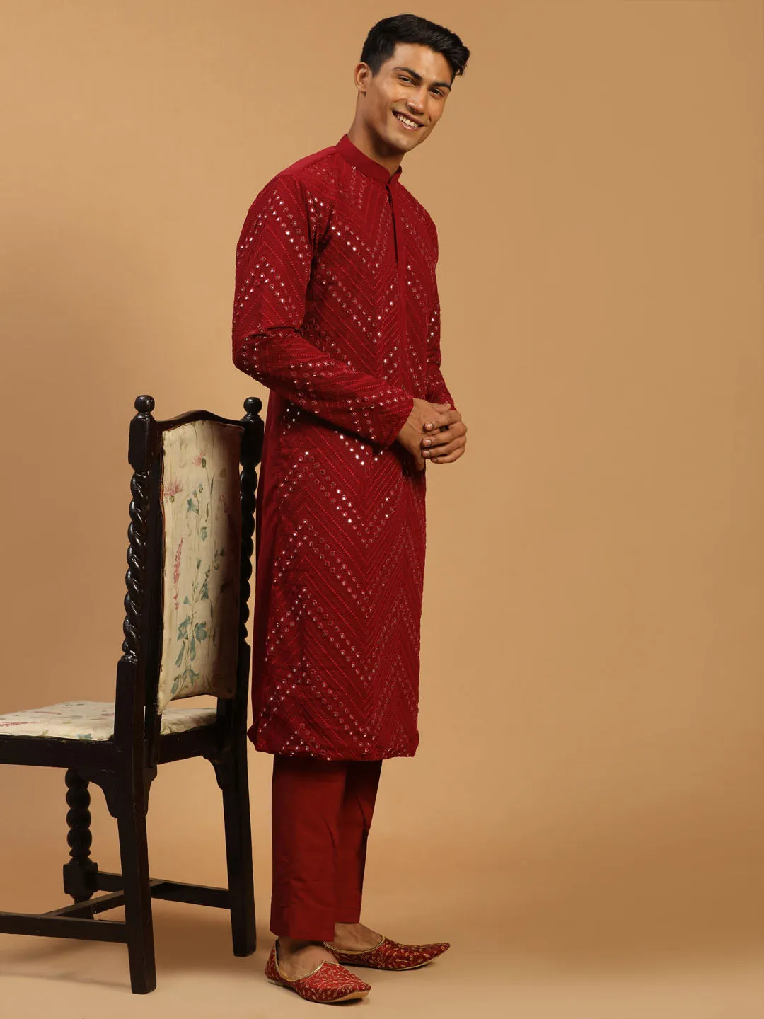 Vastramay Men's Maroon Mirror Kurta pant Set